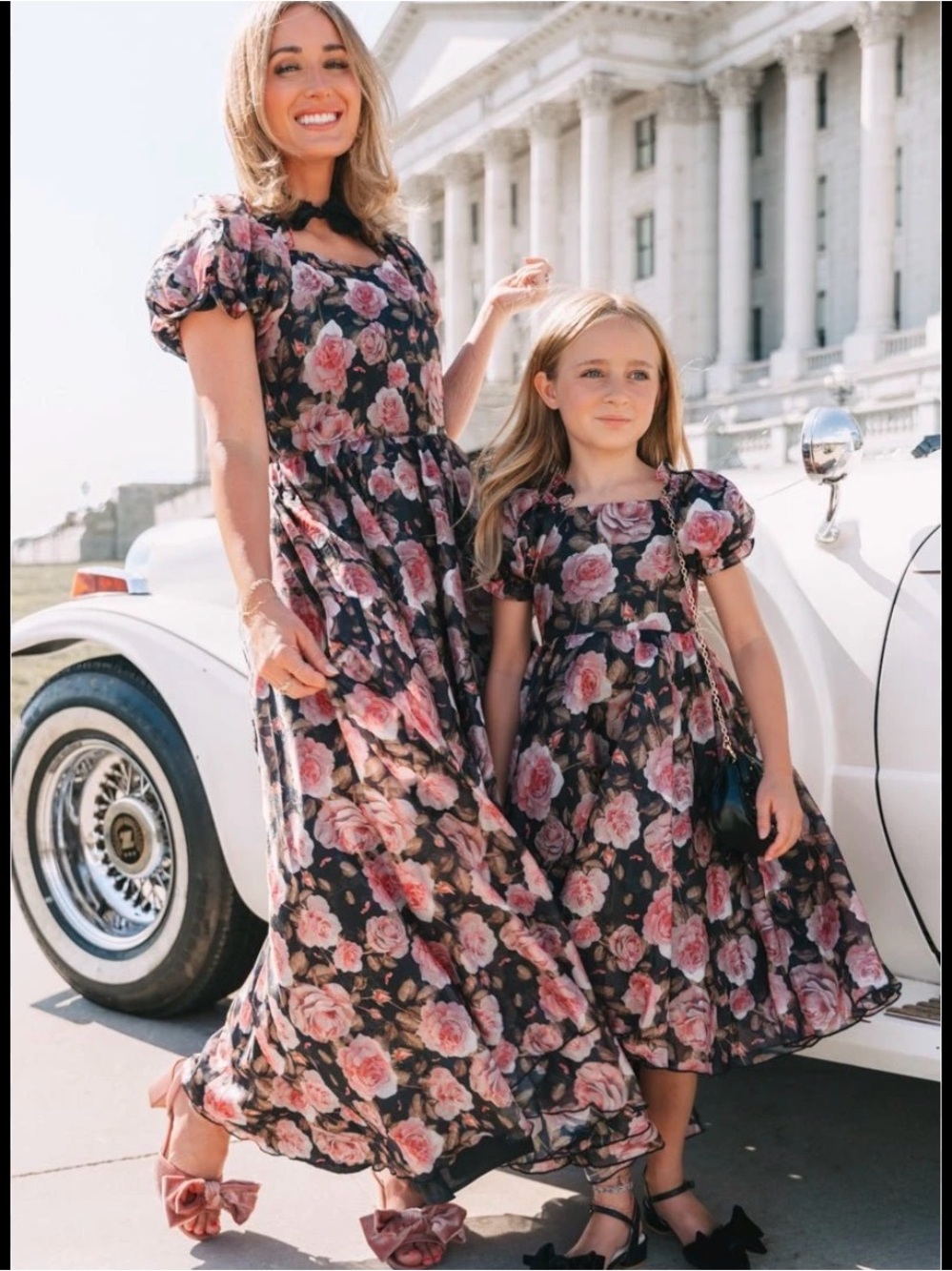 Floral Puff-Sleeve Maxi Dress in Pink and Black Ivy city size large rose print - Picture 2 of 6